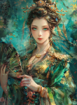 tieutuemjpro112_Chinese_girl_in_a_green_and_gold_dress_holding__aa6d578d-36a4-4f7c-a2c8-ba886ed68cce