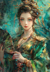 tieutuemjpro112_Chinese_girl_in_a_green_and_gold_dress_holding__aa6d578d-36a4-4f7c-a2c8-ba886ed68cce